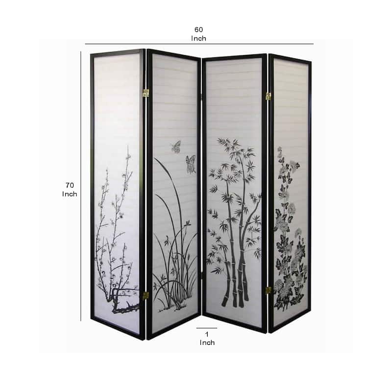 Naturistic Print Wood and Paper 4 Panel Room Divider, White and Black