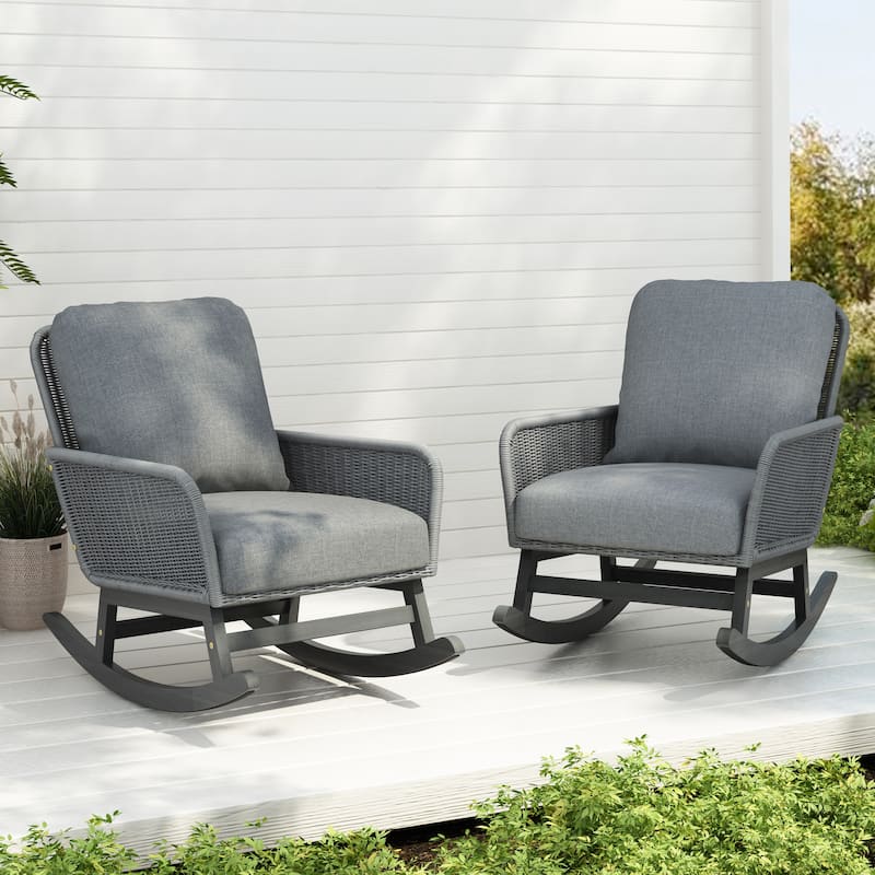 [Set of 2] Contemporary Beige Wicker Rocking Chair Polyester Cushions Wooden Frame Indoor Outdoor - Gray