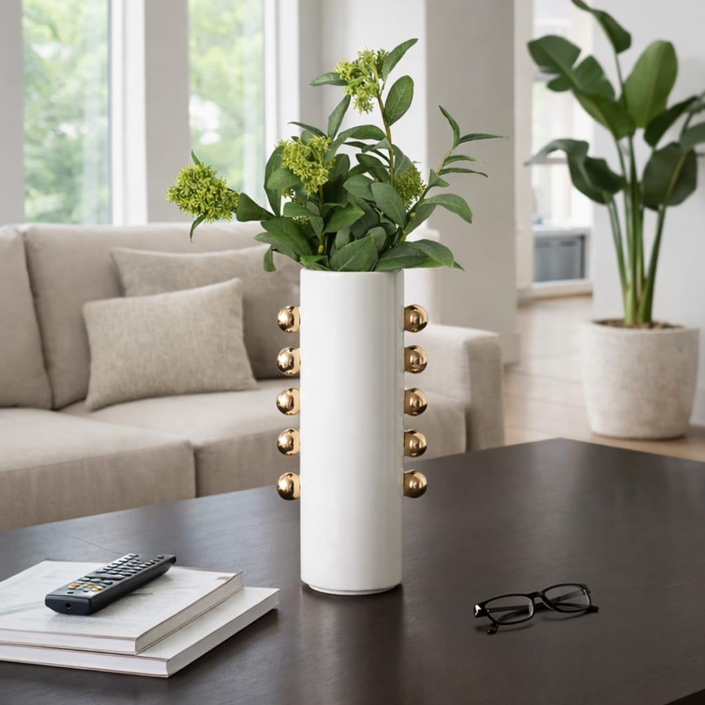 Decorative Vase - White/Gold Ceramic with Side Knobs, 16 in.