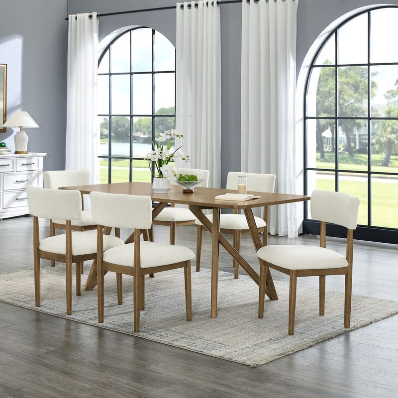Darla 7Pc 70"W Rectangular Walnut Oak Geometric Cross Base Dining Set