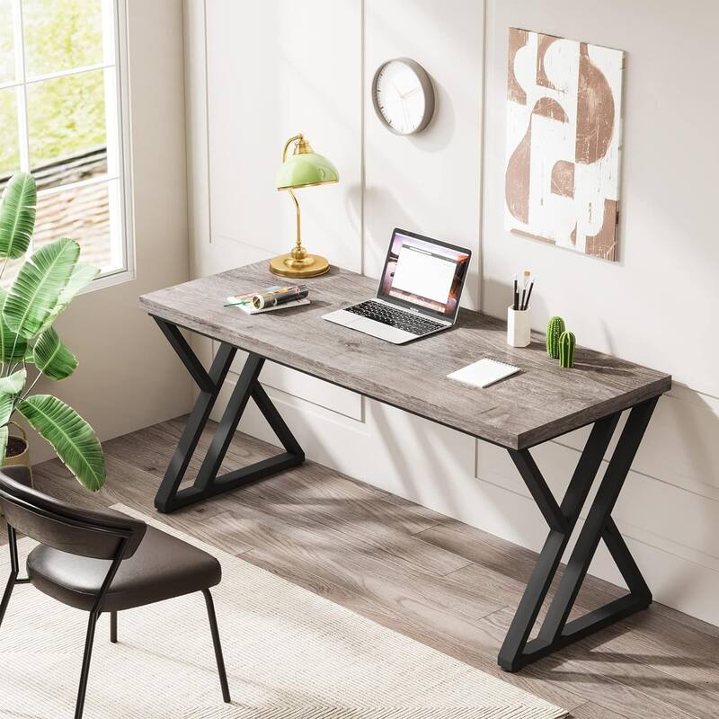 55 Inches Modern Writing Desk with Z-Shaped Metal Legs, Heavy Duty Computer Desk, Spacious Work Surface & Sturdy Frame