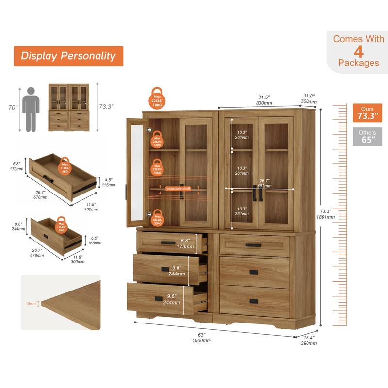 3 Tier Bookcase with Drawer,73.3" Tall Floor Standing Bookshelf