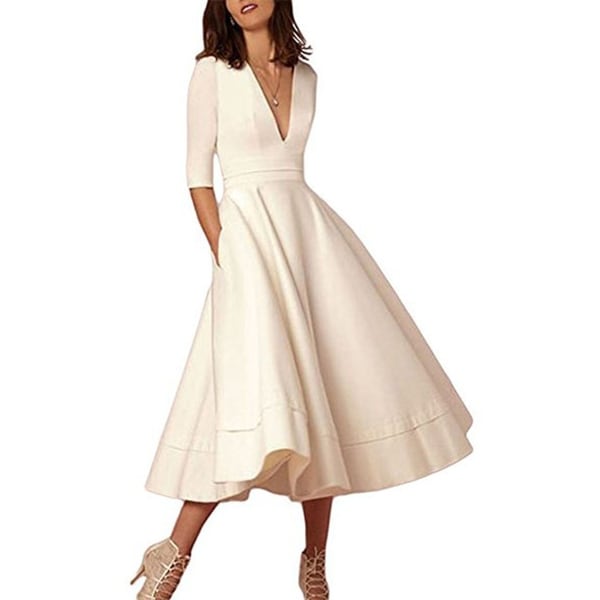 Women's Elegant Half Sleeve Deep V Neck Vintage Cocktail Tunic Swing Dress
