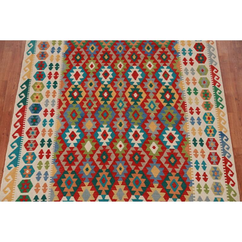 Hand Woven Oriental 100% Wool Carpet Southwestern Geometric Multi-Colored Kilim Area Rug - 8' 4'' X 6' 4''