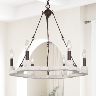 Farmhouse Wood Candle Chandelier 6-Light French Country Wagon Wheel Coastal Dining Room Pendant Light