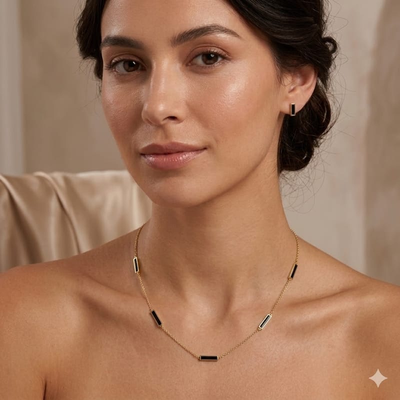 Curata 14k Yellow Gold Italian 18" Inlaid Genuine Gemstone 10X2mm Bar Station Necklace