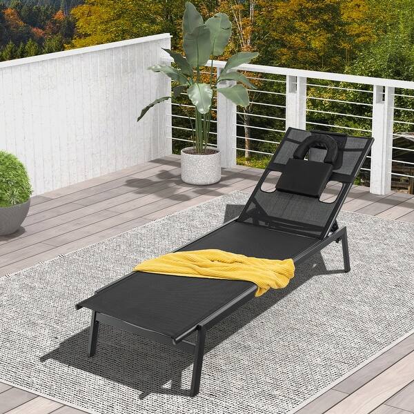 Patio Sunbathing Lounge Chair with Face Hole And Detachable Head Pillows Poolside Black Bed