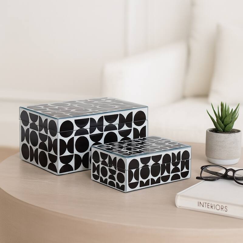 Decorative Abstract Storage Box with Lid - Set of 2, 11", Black - 11" x 7" x 3.75"
