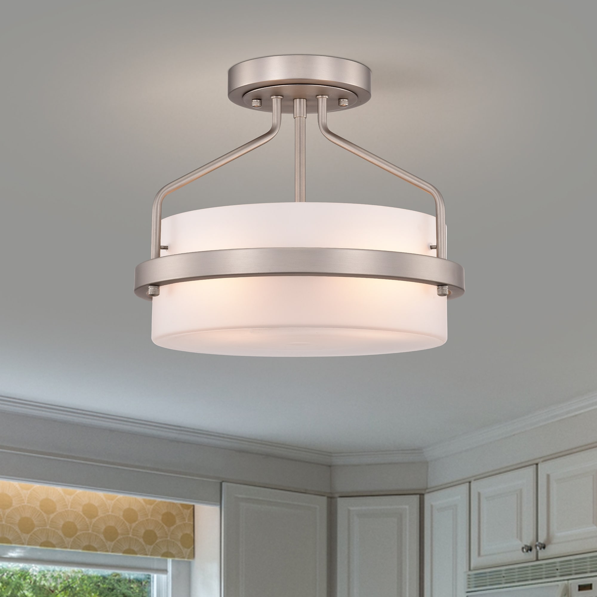 Stefani Matte Satin Nickel 2-Light Frosted Glass Drum Shade Semi-Flush Mount