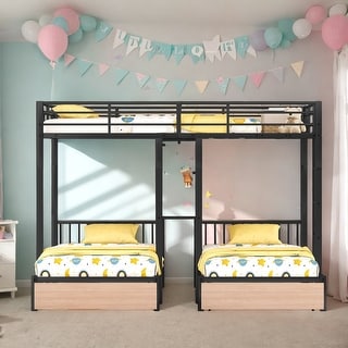 Triple Bunk Bed With Drawers,Full Over Twin & Twin,Multi-Functional Metal Frame Bed With Desks And Shelves In The Middle