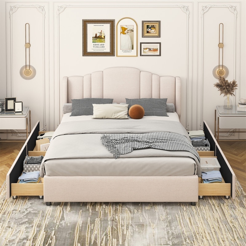 Upholstered Platform Bed with Wingback Headboard and 4 Drawers for