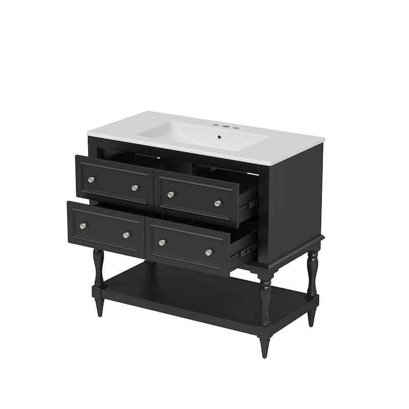 Free Standing Bathroom Vanity Cabinet with Sink, 4 Drawers, Solid Wood Frame, Silver Metal Knobs and Large Open Storage Shelf