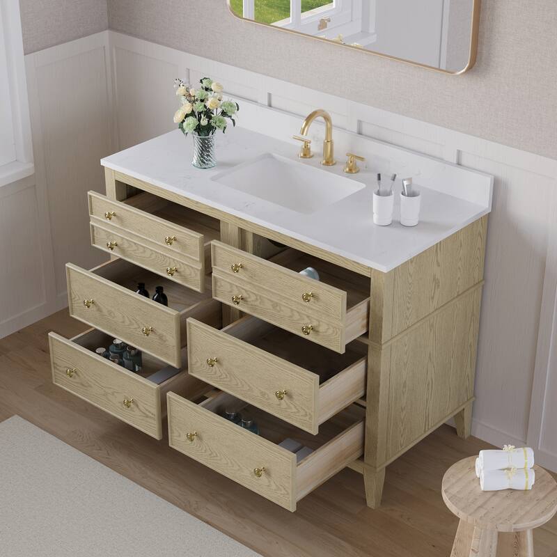 35''H Solid Wood Bathroom Vanity with Carrera White Quartz Top,Drawers And Single Sink