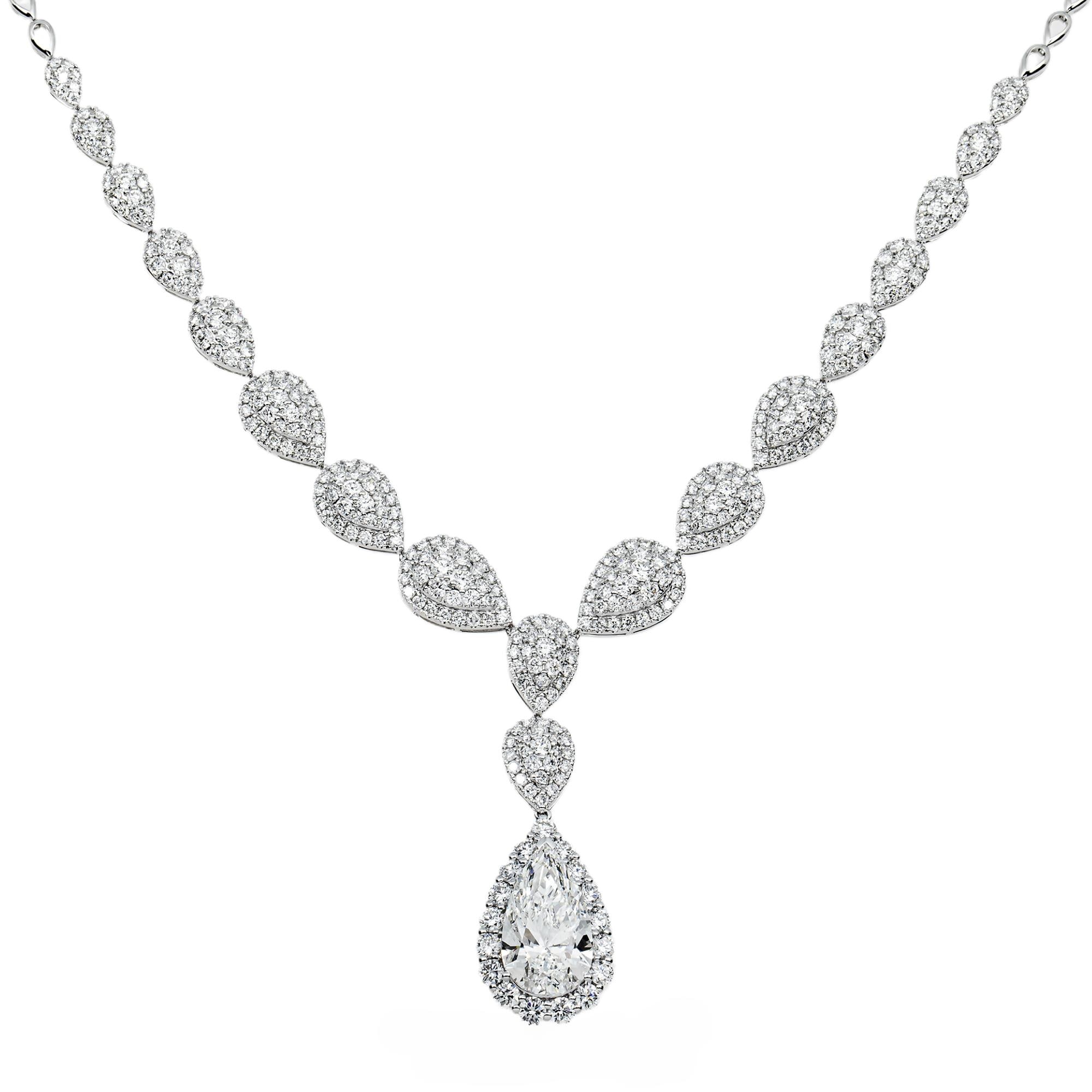 House Of Leon 18K White Gold Round & Pear Cut Diamond Drop Necklace 12.34ct IGI