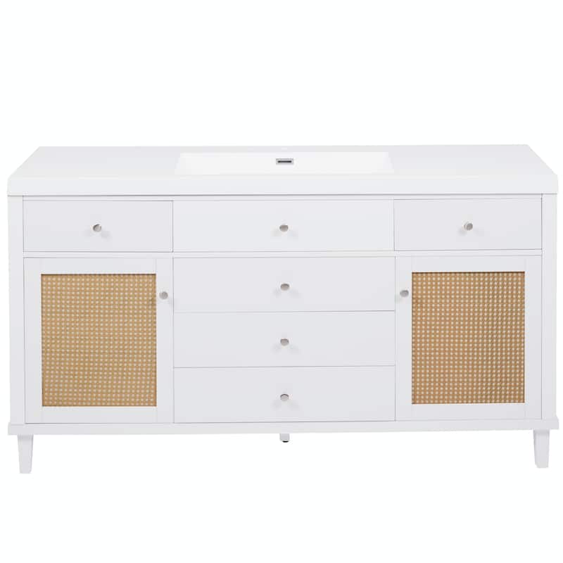 60" Bathroom Vanity with SMC Sink - Modern Large Storage Cabinet with Soft Close Drawers and Rattan Doors