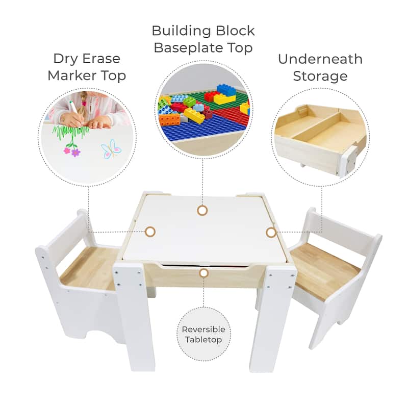 Teamson Kids Wooden Multi-Activity Table with Dry-Erase & Building Block Surface Play Table & Chairs for Toddlers & Kids Room