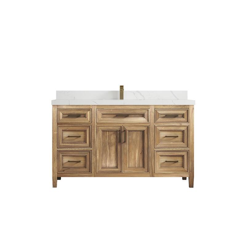 Willow Collections 60 in. W x 22 in. D Santa Monica Teak Single Sink Bathroom Vanity with Countertop - 2" Calacatta Laza - Whitewashed Teak