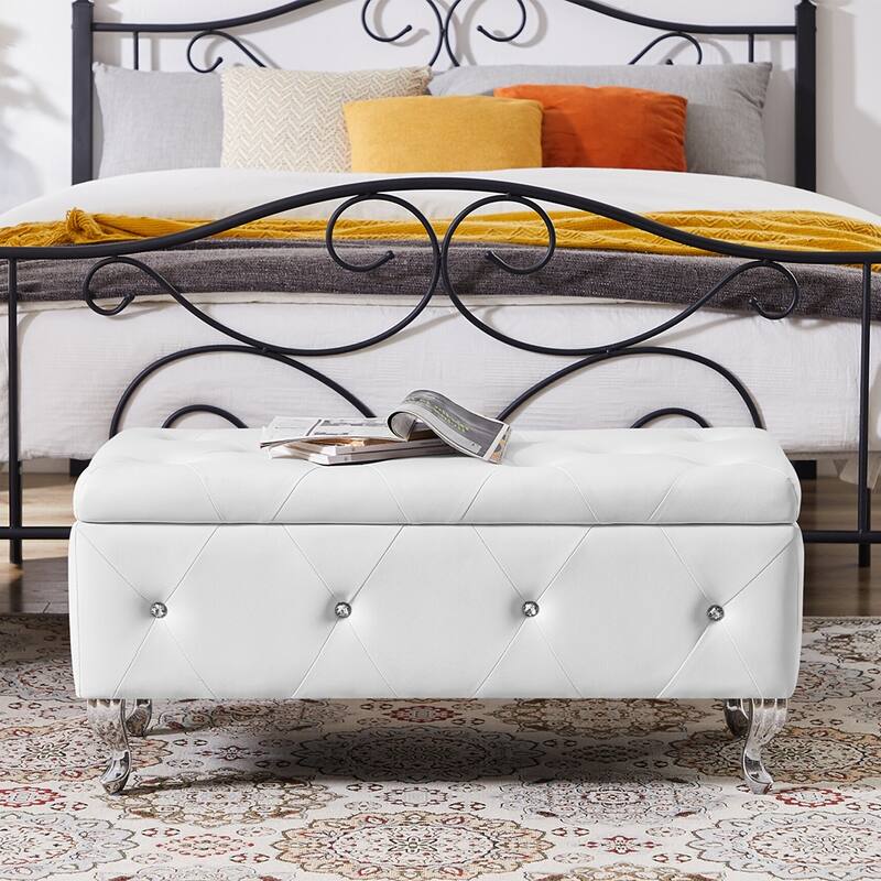 Luxury Storage Ottoman Bench, PU Upholstered Flip Top Ottoman - White
