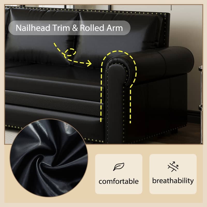 93.7" King Pull Out 3-in-1 Faux Leather Convertible Sleeper Sofa Bed with Nailhead Trim and Rolled Arm
