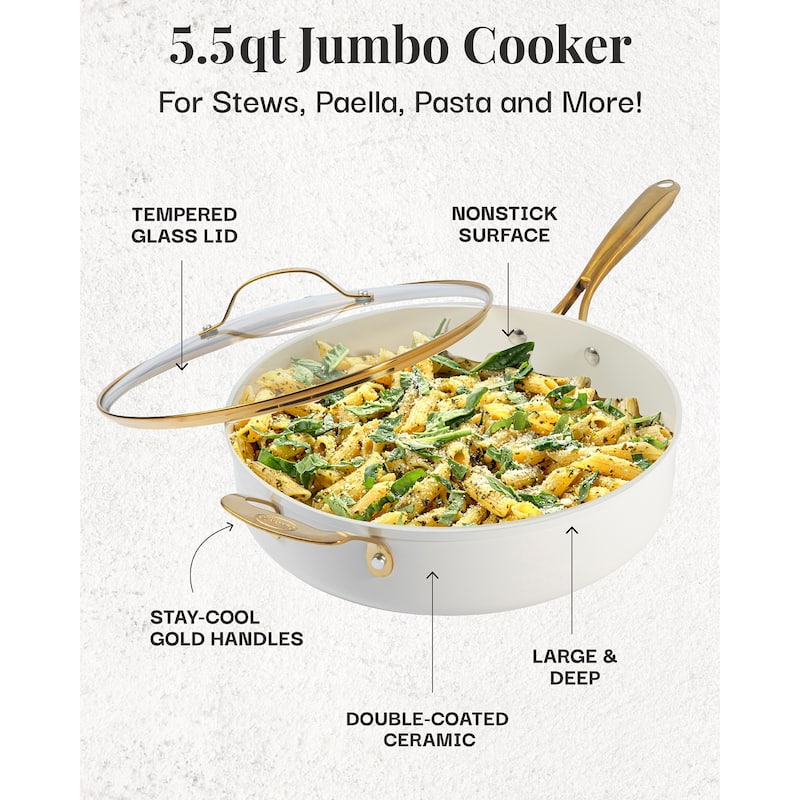 Gotham Steel Cream Ultra Nonstick Ceramic 5.5 Qt Jumbo Cooker Pan with Lid and Gold Handles