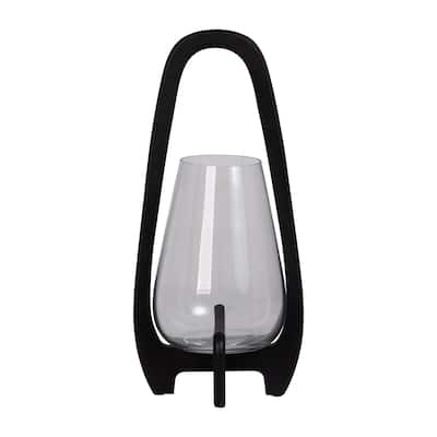 Sculpted Wood Glass Hurricane Lantern, For Decorative Use, Mango Wood and Glass, Black, 8 L x 8 W x 18 H - 8" x 8" x 18"