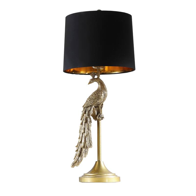 29 Inch Peacock Table Lamp, Gold Polyresin Sculpture, Black Drum Shade