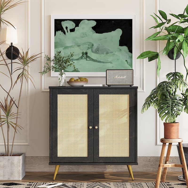 Farmhouse Rattan Storage Cabinet, Natural Buffet Sideboard - N/A