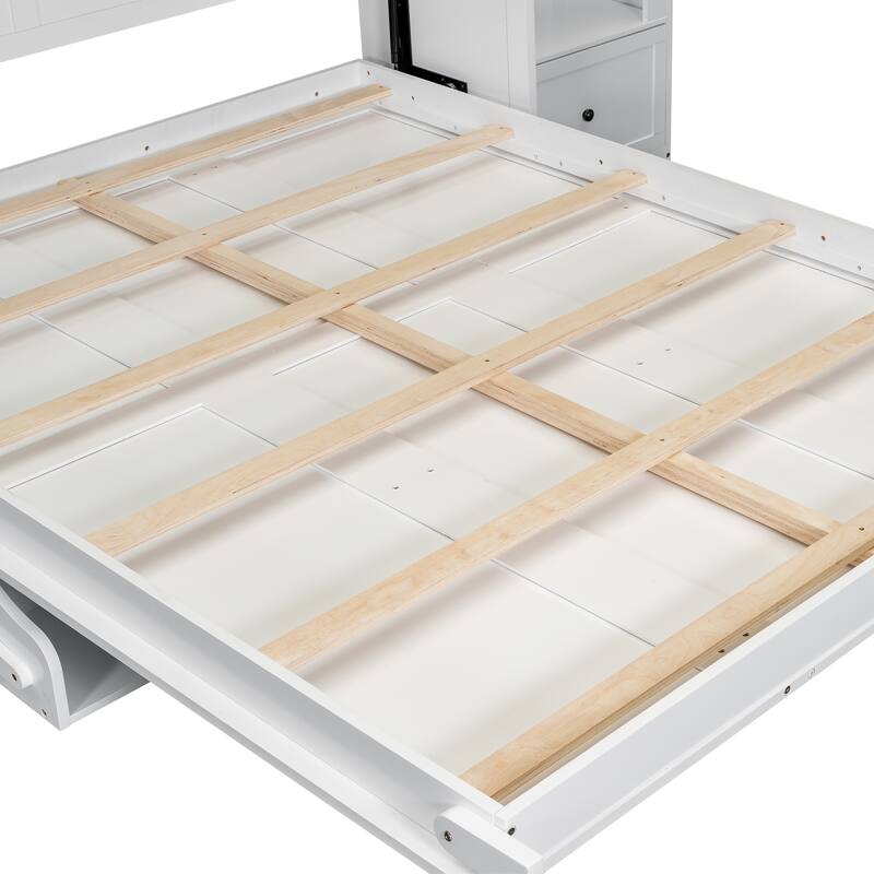 Queen Size Murphy Platform Bed with Shelf, Side Cabinets, Drawers, and LED Lights French Style