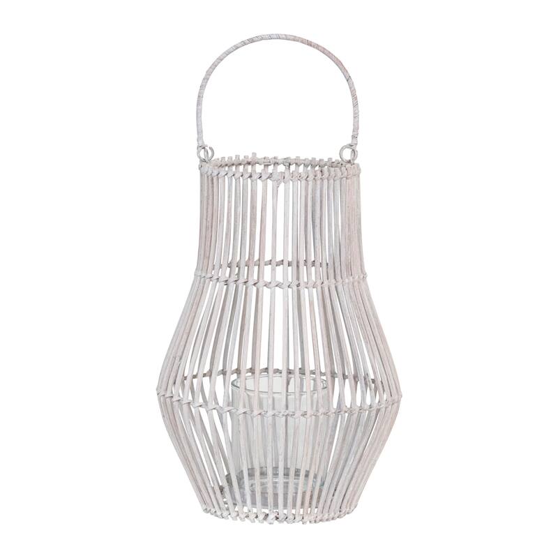 Hand-Woven Bamboo Lantern with Handle and Glass Insert - 5.1"L x 8.3"W x 11.8"H - White - 5.1"L x 8.3"W x 11.8"H