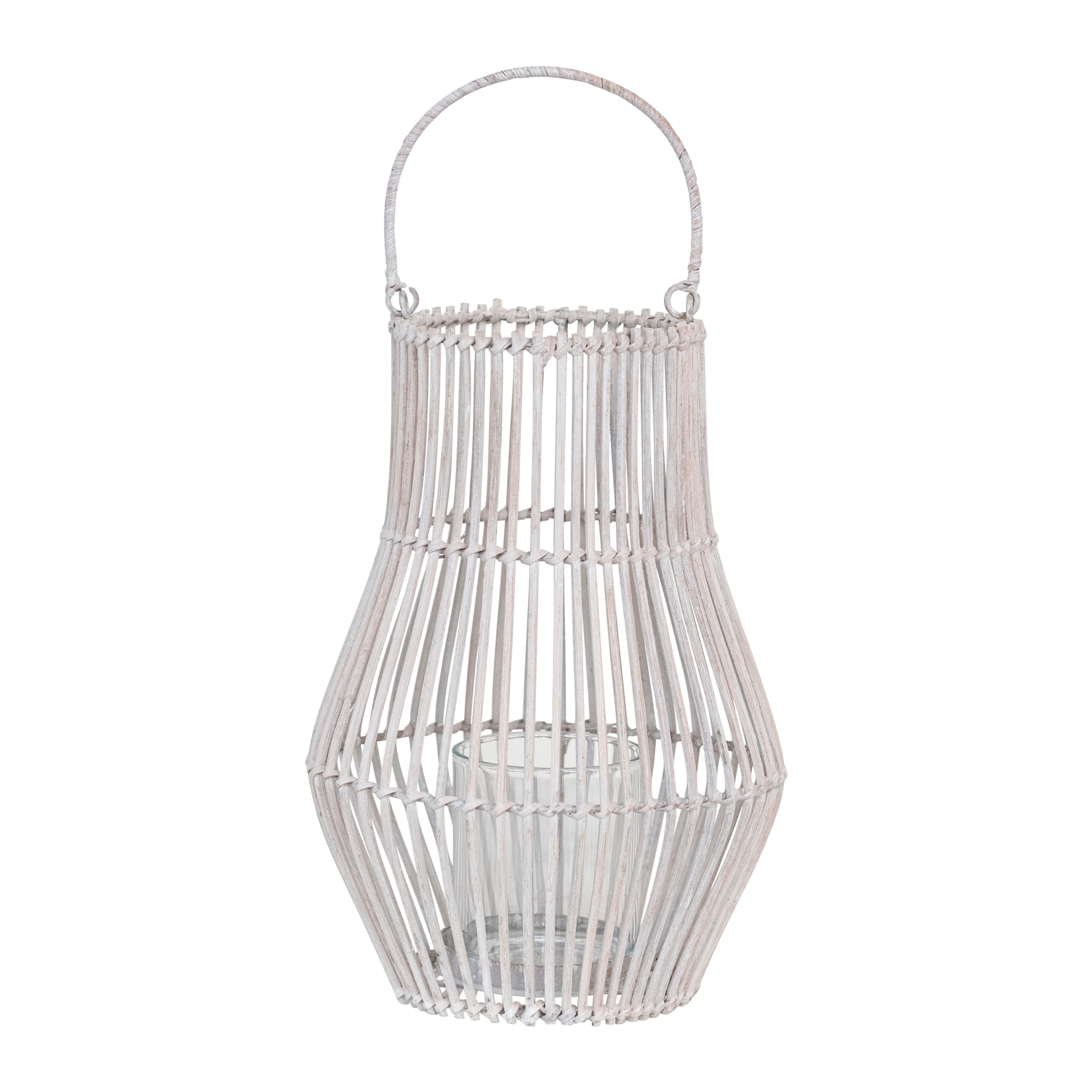 Hand-Woven Bamboo Lantern with Handle and Glass Insert - 5.1"L x 8.3"W x 11.8"H