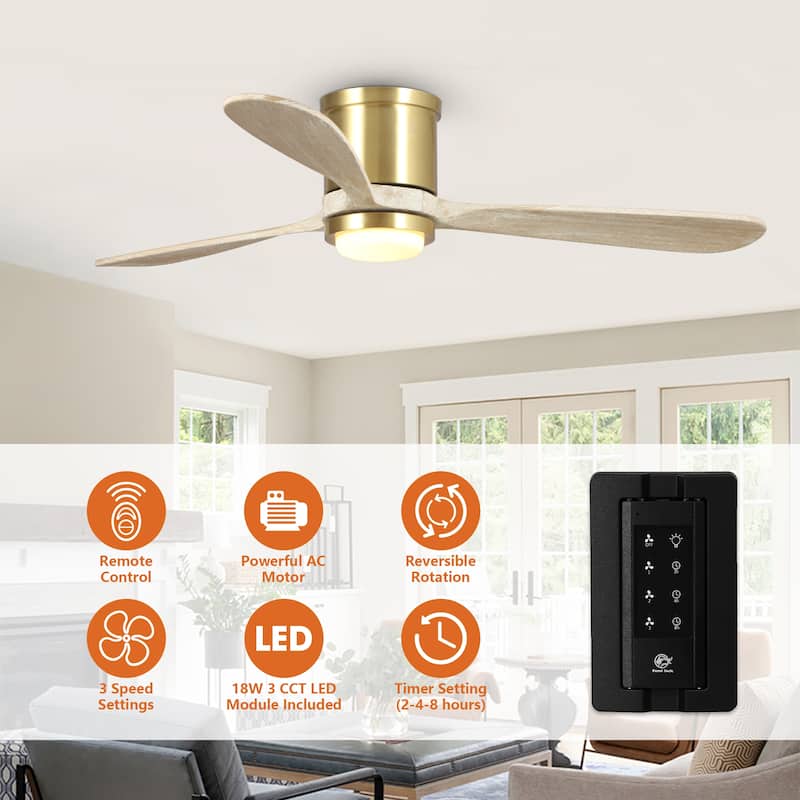 52" Wood 3-Blade Low Profile/ Flush Mount Ceiling Fan with Light and Remote