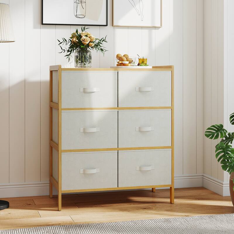6-Drawer Wicker Dresser with Fabric Drawers Raised Legs Anti-Slip Feet for Home Organization