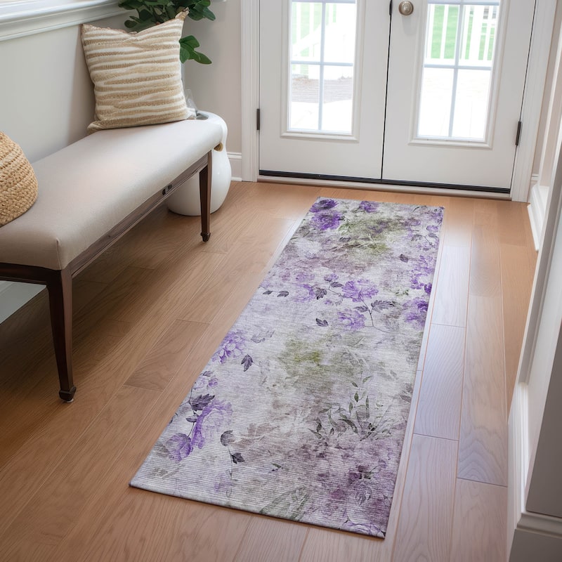 Machine Washable Indoor/ Outdoor Chantille Vanishing Floral Rug - Purple - 2'3" x 7'6"