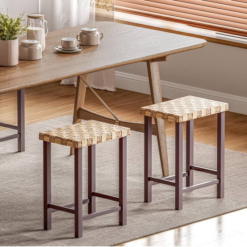 Set of 3 Handwoven Seagrass Bar Stools - 26.3" Height Adjustable, Solid Rubberwood Legs - Walnut Brown