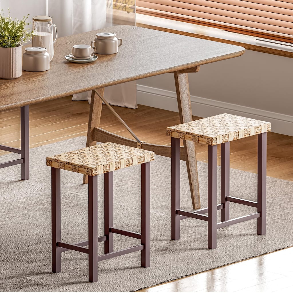 Set of 3 Handwoven Seagrass Bar Stools - 26.3" Height Adjustable, Solid Rubberwood Legs