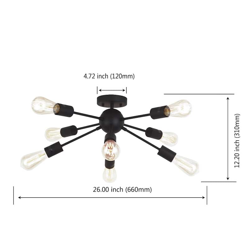Modern 8 Light Sputnik Chandelier Light Fixtures Black Semi Flush Mount Ceiling Lighting Industrial Vintage