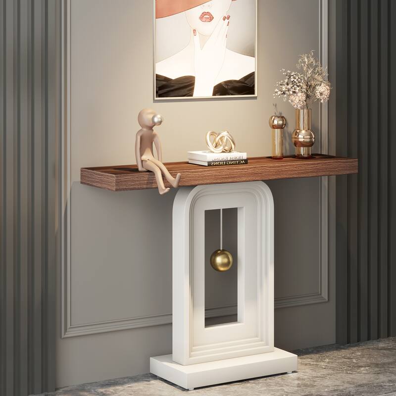 Modern Console Table with Geometric Base, 39.4 inch Narrow Sofa Table with Gold Decor for Living Room Entryway Hallway Entrance