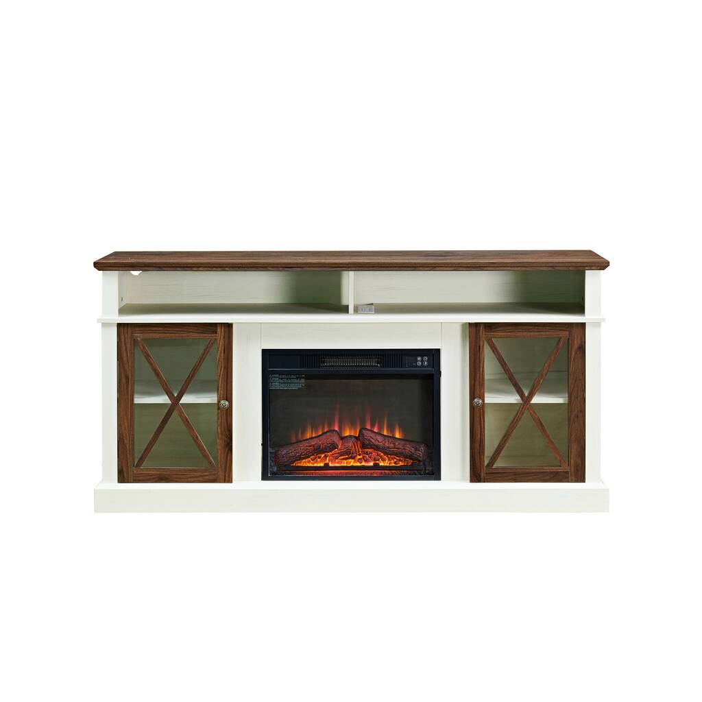 White+Walnut 65.7" Fireplace TV Stand with Electric Fireplace and Adjustable Storage Shelves for TVs Up to 65"