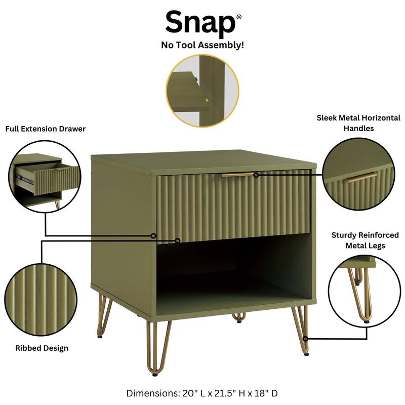 20inch Fluted Nightstand in Olive Green with Gold Handles and Splayed Legs