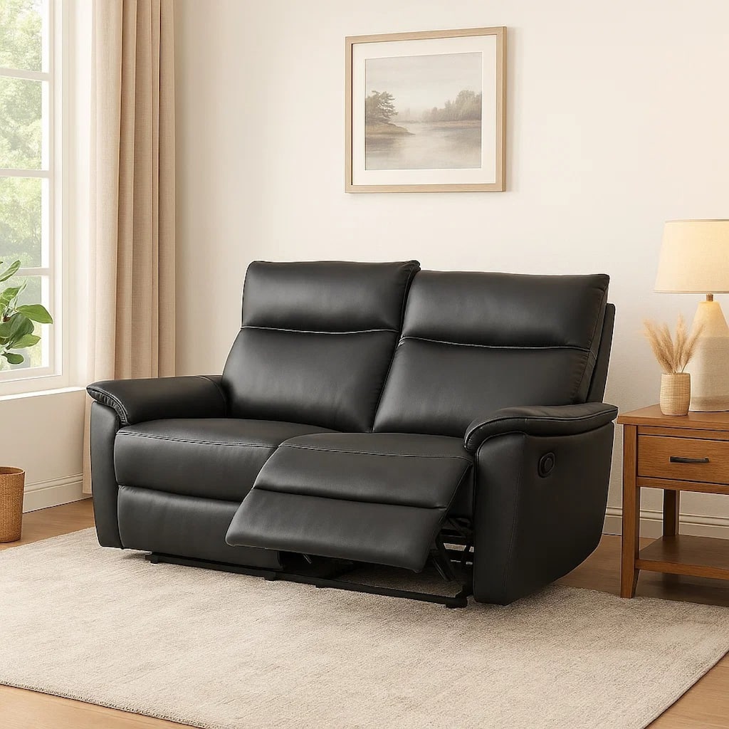 Lenne Loveseat, Black Faux Leather, Manual Recliner, 63 Inch