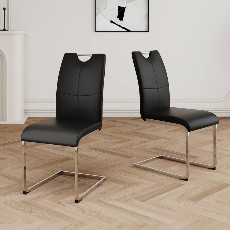 Modern Set of 2 Dining Chairs with Leather Cushioned Seat, Chrome Metal Legs, for Dining Room, Living Room, and Bedroom