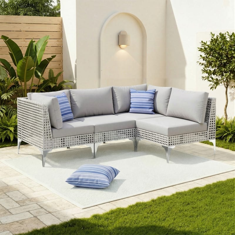 FINCATI Outdoor Wicker Modular Sectional Conversation Set with Cushions, Modern Patio Furniture Set - 4 PCS-Light Grey-A