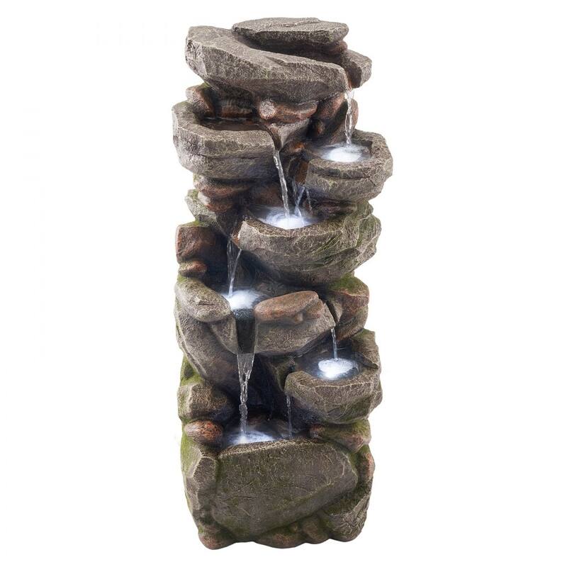 7-Tier Rock Style Yard Fountain with Soothing Water Sounds and LED Lights for Patio Decor - 14.96 x 11.42 x 38.98 in