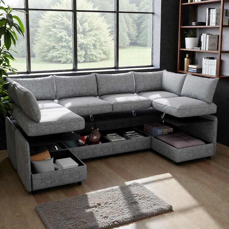 Modular Sectional Sofa with Storage, 8-Seat Convertible Sleeper Sofa Set, Chenille Flexible Modular Combination