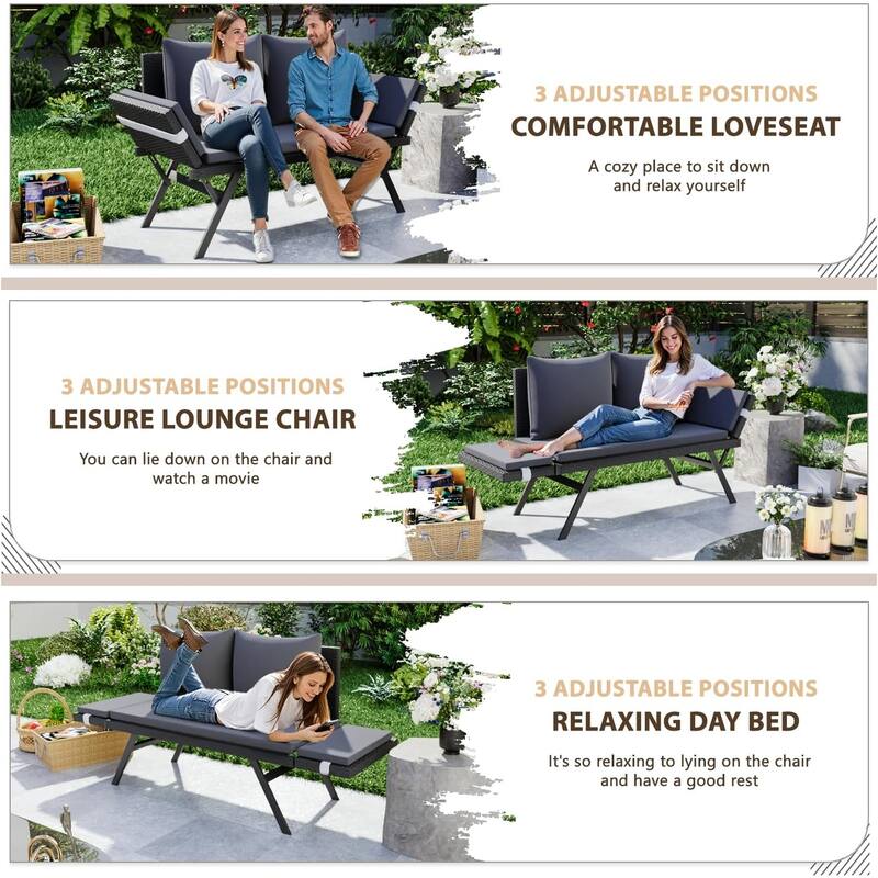 BOSSIN All-Weather Rattan Convertible Daybed - Outdoor Sofa w/ Adjustable Arms & Waterproof Cushions - Patio, Poolside, Porch