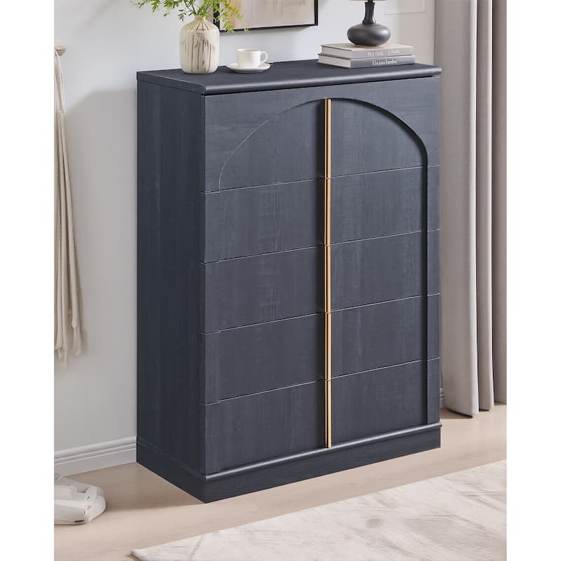 44" Tall Modern 5 Drawers Dresser with Arched Panel, Chest of Drawers - Black