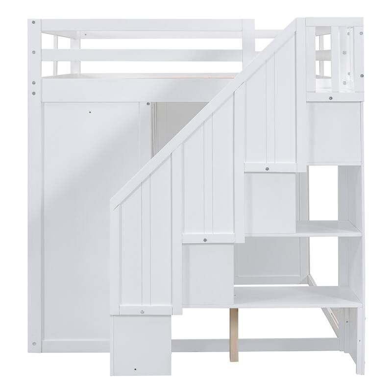Full Size Wood Loft Bed With Built-in Wardrobes, Cabinets and Drawers