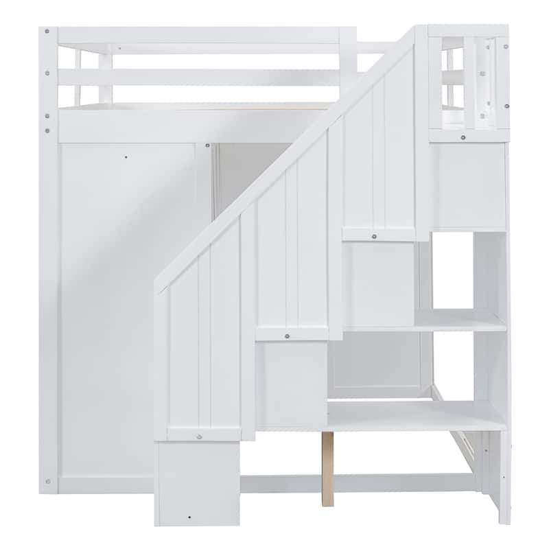 White Full Size Loft Bed with Built-in Wardrobes and Staircase, Space-Saving Design