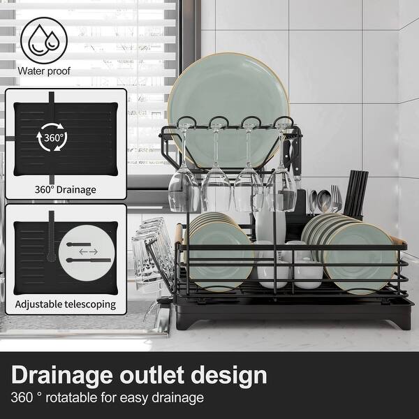 Double-Layer Dish Rack with Bamboo Handle - Black