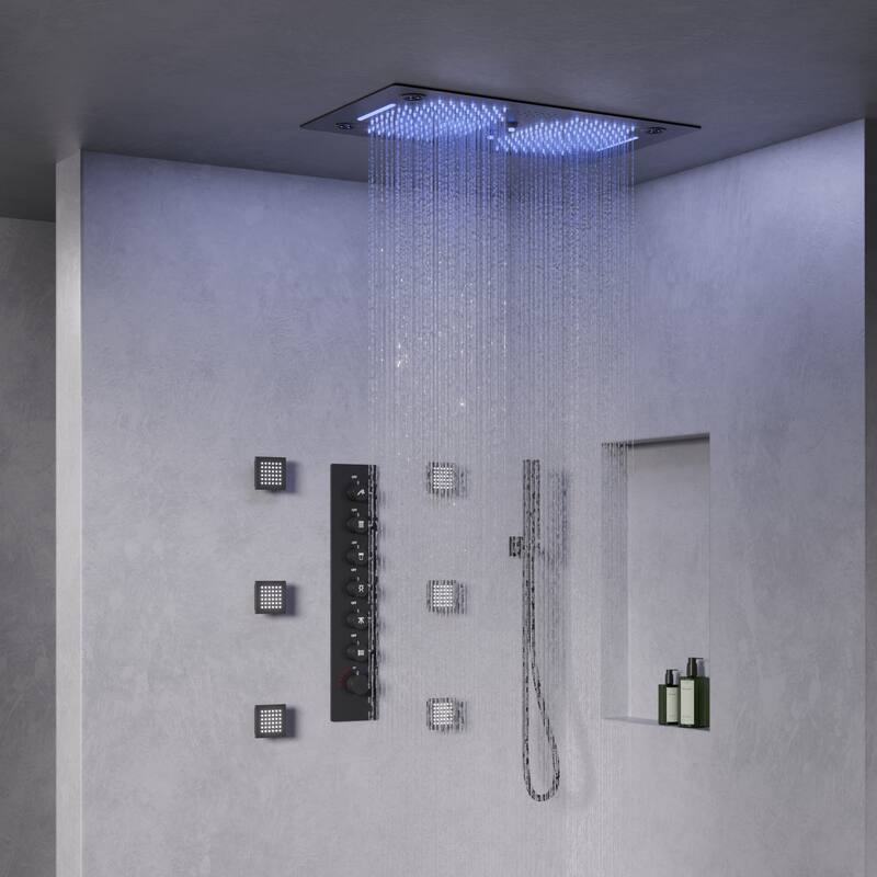 GRANDJOY LED Shower System 28" Luxury Shower Head with 6 Body Jets